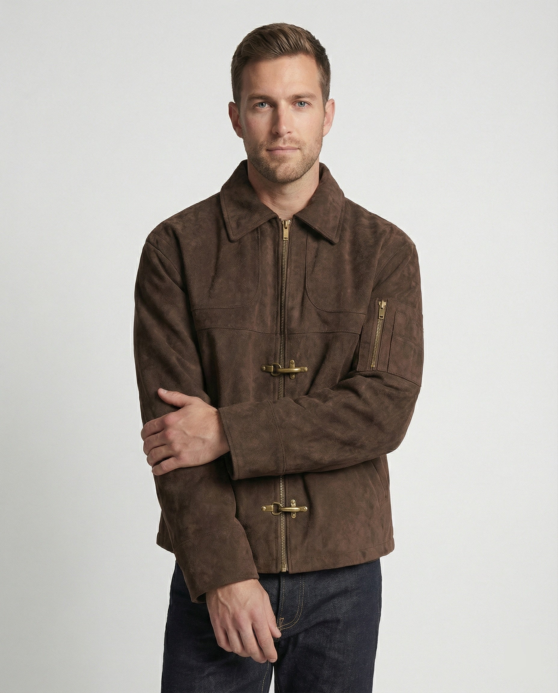 Herren kastige Velourslederjacke mit hohem Kragen Hakenverschluss und Ärmeltasche R&B