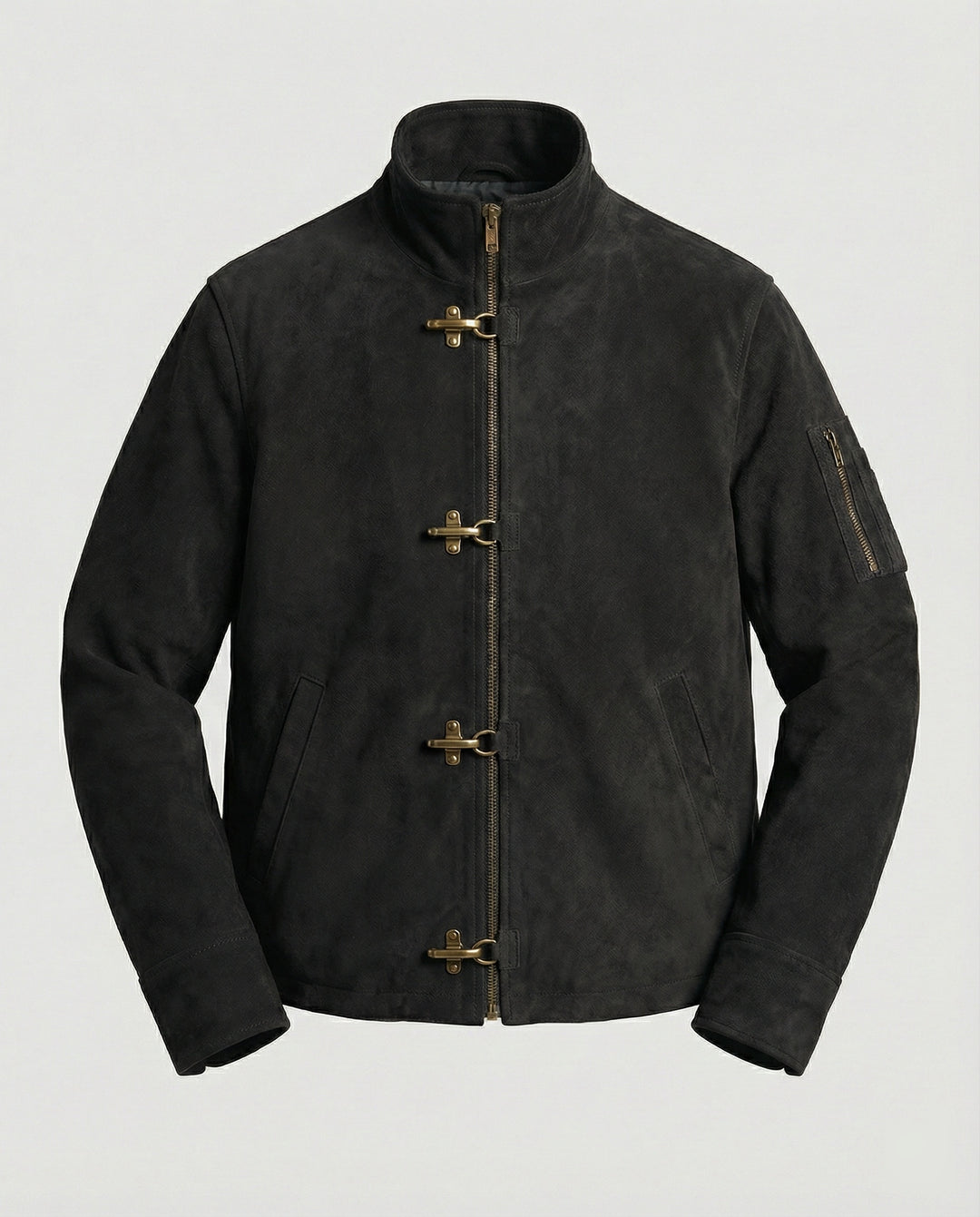 Herren kastige Velourslederjacke mit hohem Kragen Hakenverschluss und Ärmeltasche R&B