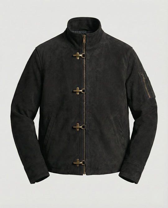 Herren kastige Velourslederjacke mit hohem Kragen Hakenverschluss und Ärmeltasche R&B