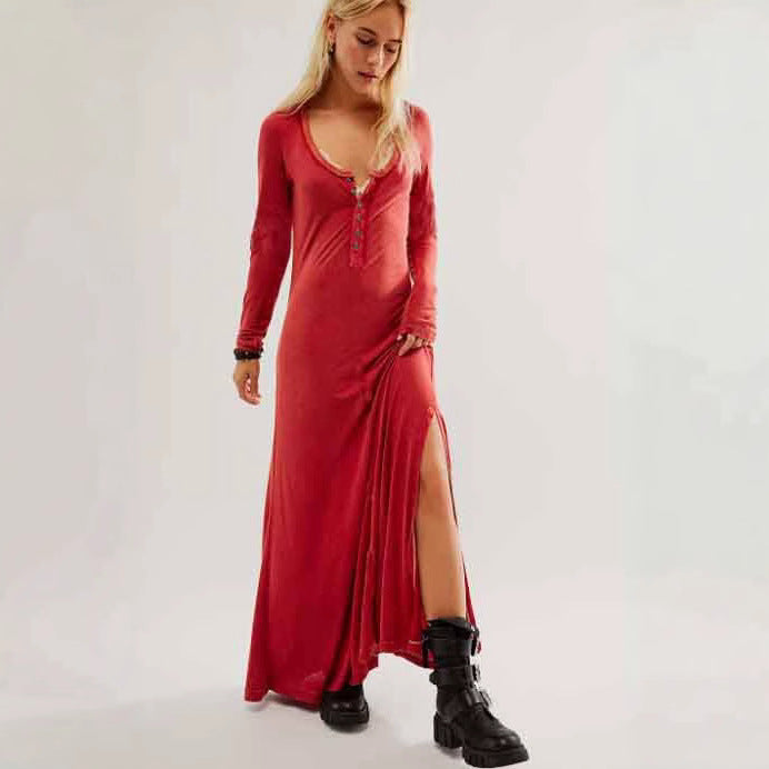 Damen Maxikleid mit knopflosem Ausschnitt und seitlichem Schlitz R&B