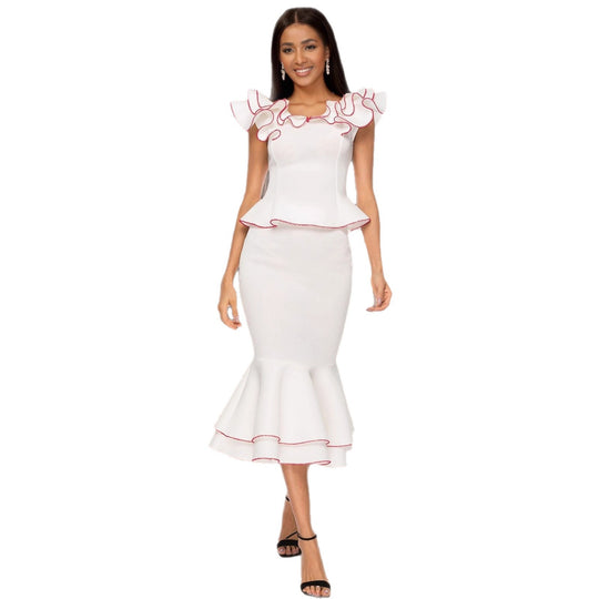 Damen figurbetontes Kleid mit voluminösem Rüschensaum und farbigem Akzent R&B