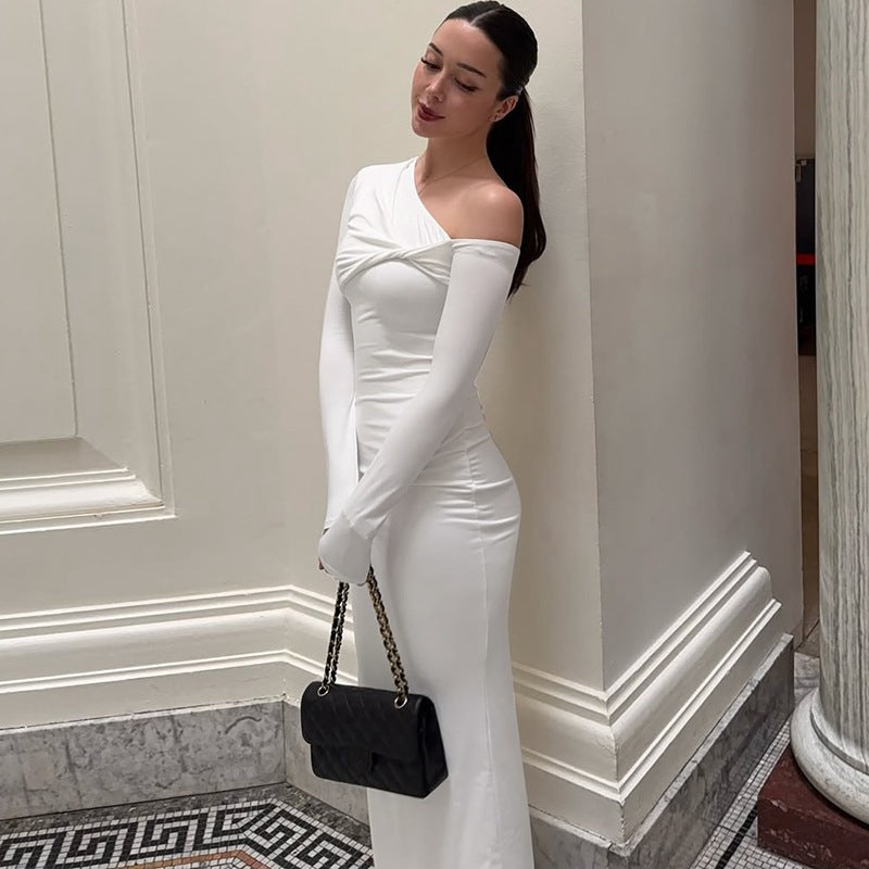 Damen Elegantes langärmliges Kleid mit asymmetrischem Ausschnitt R&B