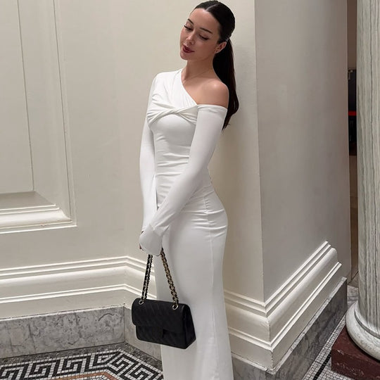 Damen Elegantes langärmliges Kleid mit asymmetrischem Ausschnitt R&B