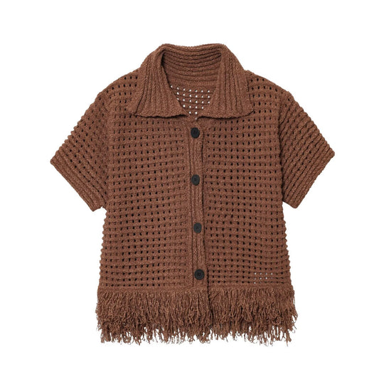 Damen Kurzarm-Strickjacke mit fransigem Saum und dekorativen Knöpfen R&B