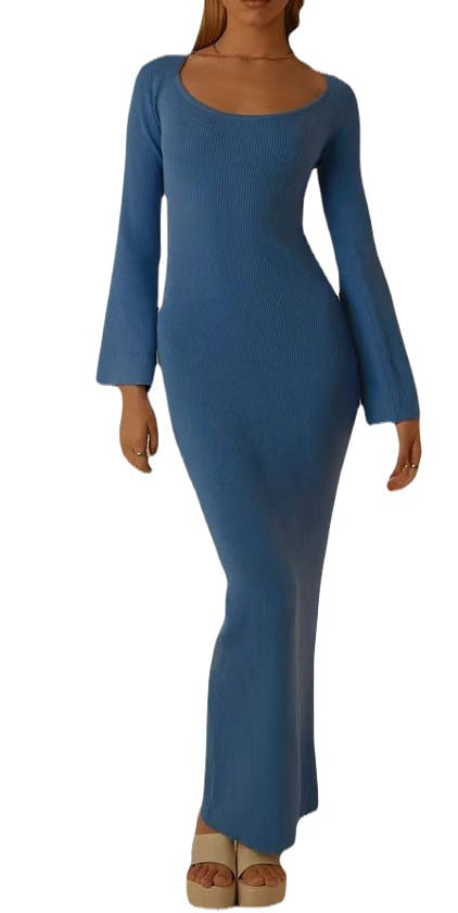 Damen elegantes Maxikleid mit tiefem Rundhals und modernen Trompetenärmeln R&B
