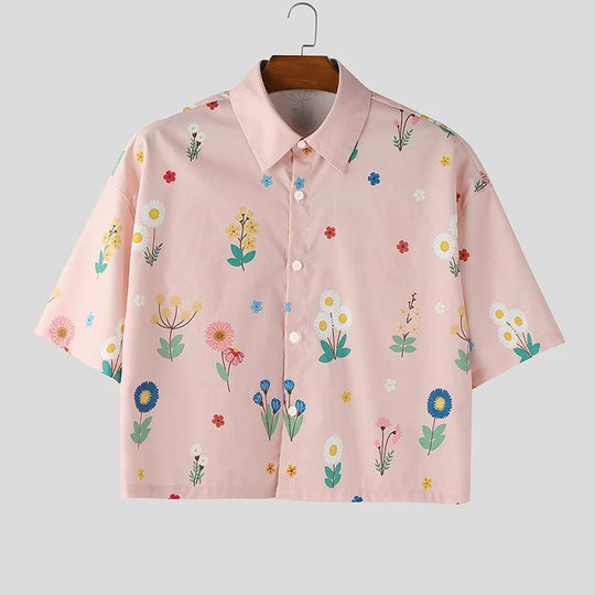 Damen nan kastig geschnittene Kurzarm-Hemdbluse mit floralem Allover-Print, Hemdkragen und kurzem Saum R&B
