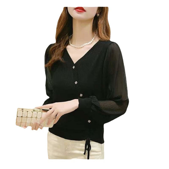 Damen eleganter Strickpullover mit Knopfdetails und transparenten Ärmeln R&B