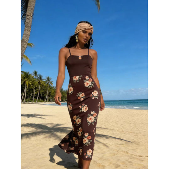 Damen Maxi-Kleid mit modischem Blumenmuster und schmalen Spaghettiträgern R&B