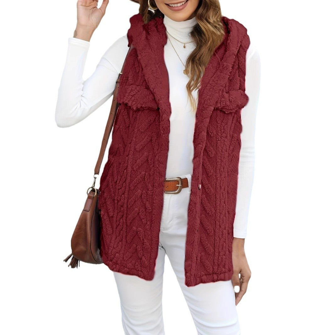 Damen lange Strickweste mit kapuze und aufgesetzten Taschen R&B