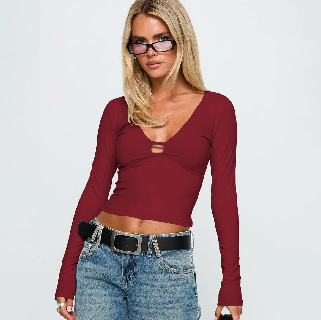 Damen Figurnahes Langarmoberteil mit tiefem V-Ausschnitt und Schnittdetail R&B