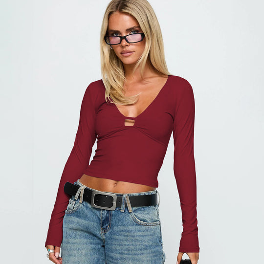 Damen Figurnahes Langarmoberteil mit tiefem V-Ausschnitt und Schnittdetail R&B