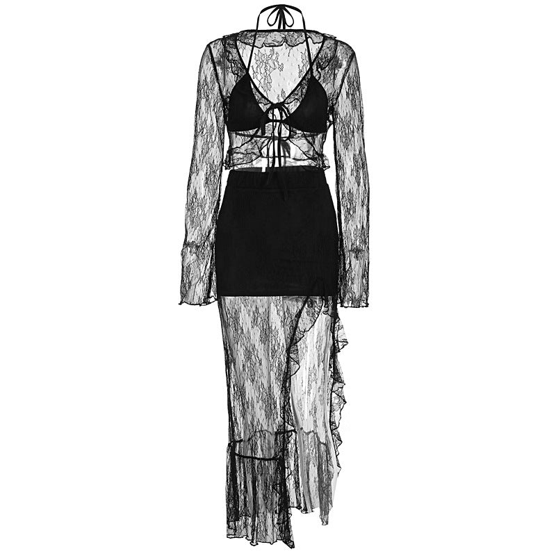 Damen Transparente Bluse mit Rüschenärmel und frechem BindR&Band R&B