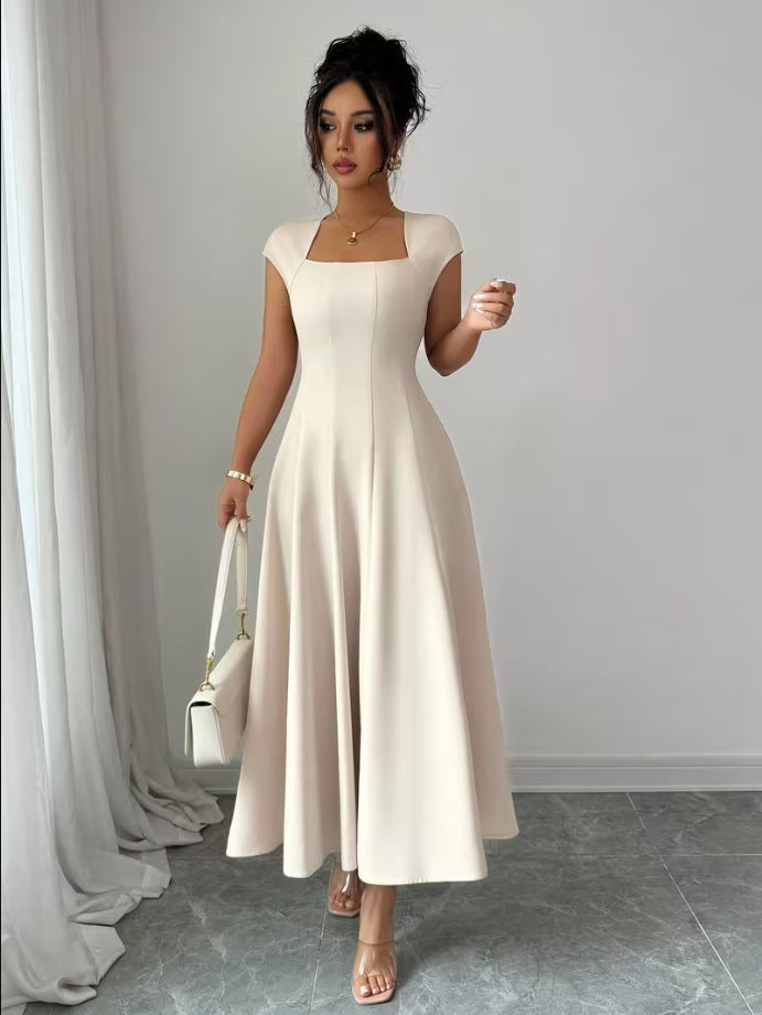 Damen Elegantes Maxikleid mit rechteckigem Ausschnitt und fließendem Rock R&B