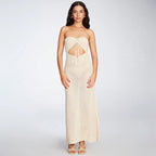 Damen gehäkeltes Maxikleid mit tiefem V-Ausschnitt und seitlichem Cut-Out R&B