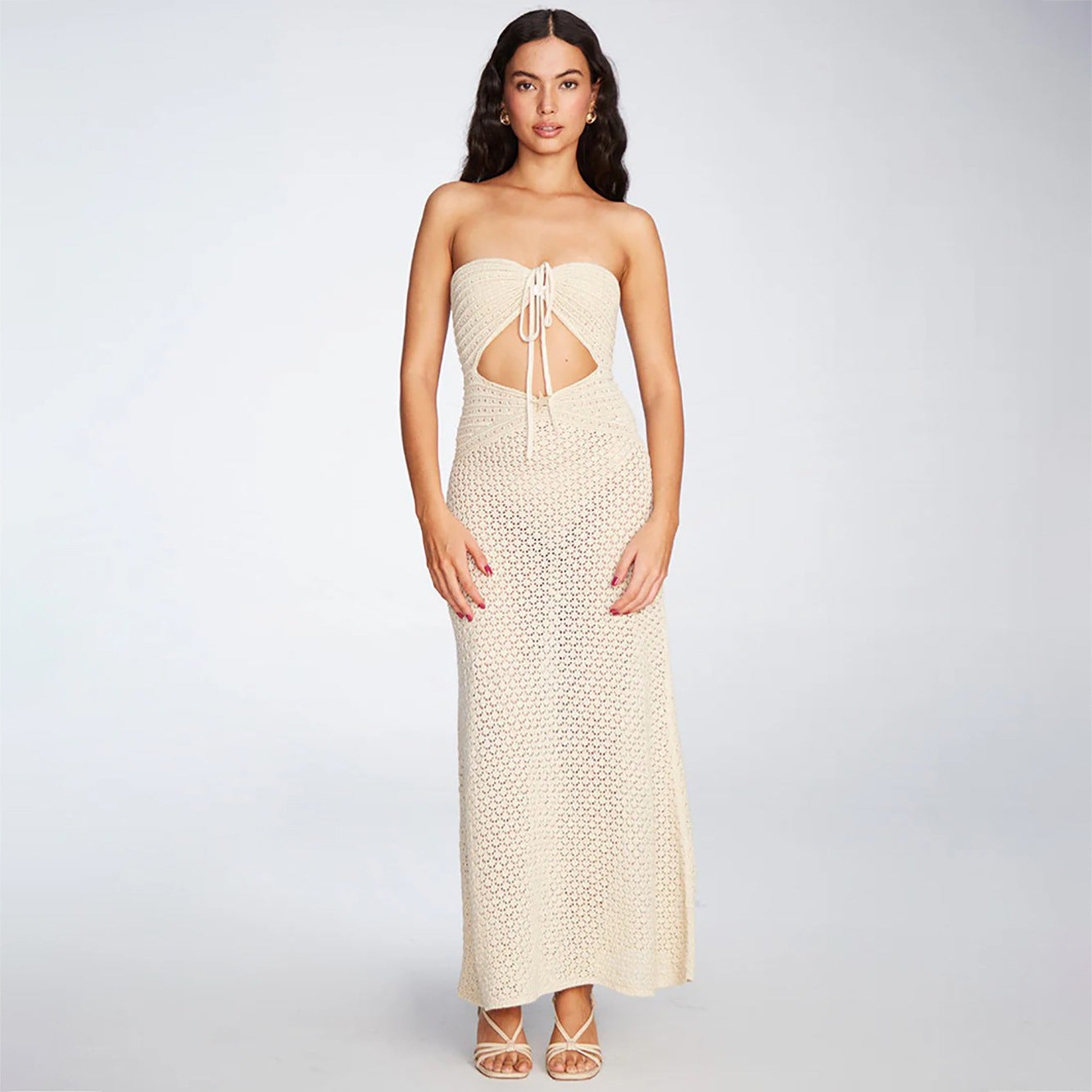 Damen gehäkeltes Maxikleid mit tiefem V-Ausschnitt und seitlichem Cut-Out R&B