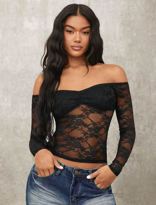 Damen Off-Shoulder Spitzenoberteil mit langen Ärmeln und romantischen Details R&B