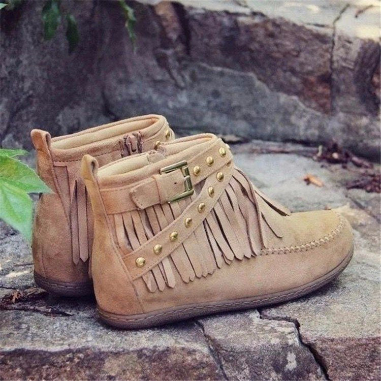 Damen Mokassin Stiefeletten mit modischen Fransen und dekorativen Nieten R&B