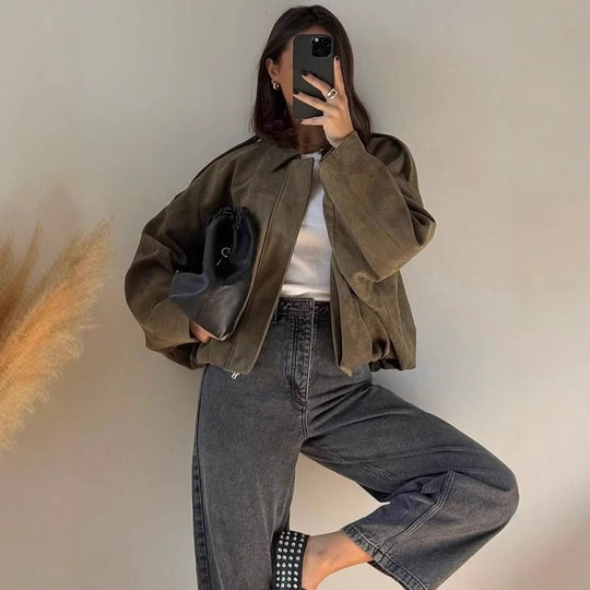 Damen oversized Kunstlederjacke mit elastischem Bund R&B