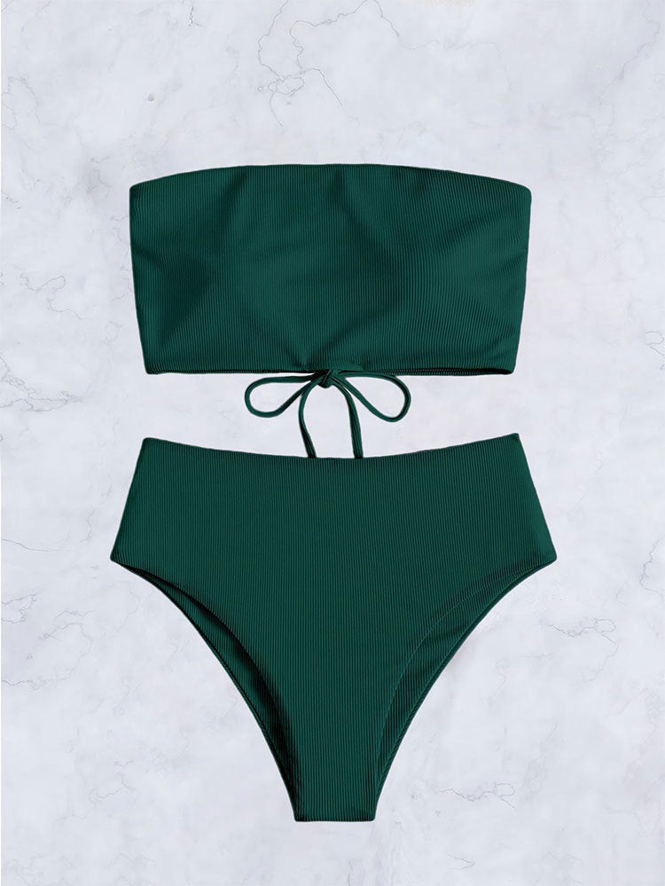 Damen Bandeau-Bikini mit hohem Bund und feinen Streifen R&B