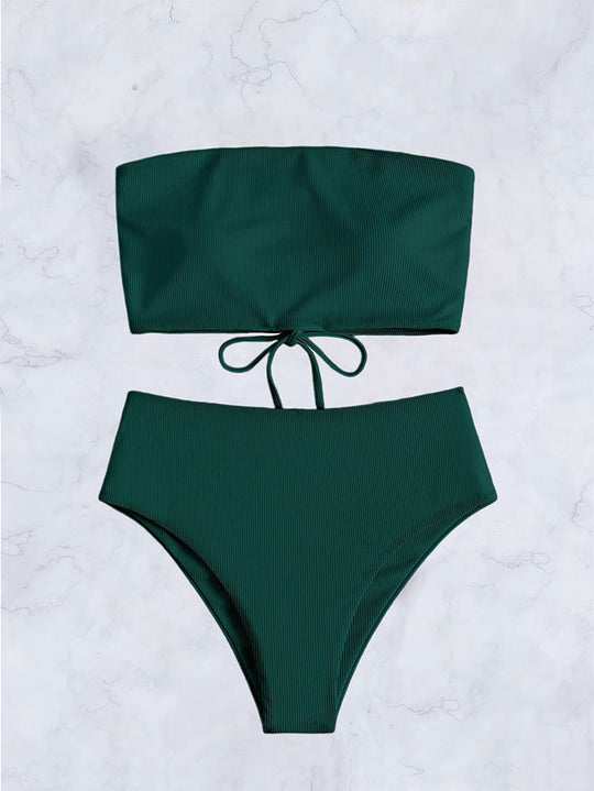 Damen Bandeau-Bikini mit hohem Bund und feinen Streifen R&B