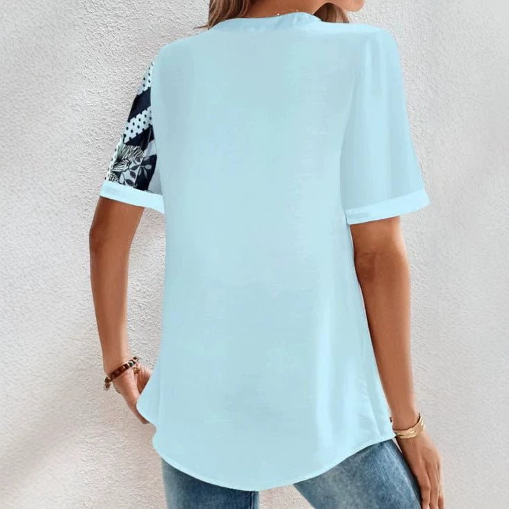 Damen nan zweigeteilte Hemdbluse mit asymmetrischem Muster-Mix, Knopfleiste und lockerer Hüftlänge R&B