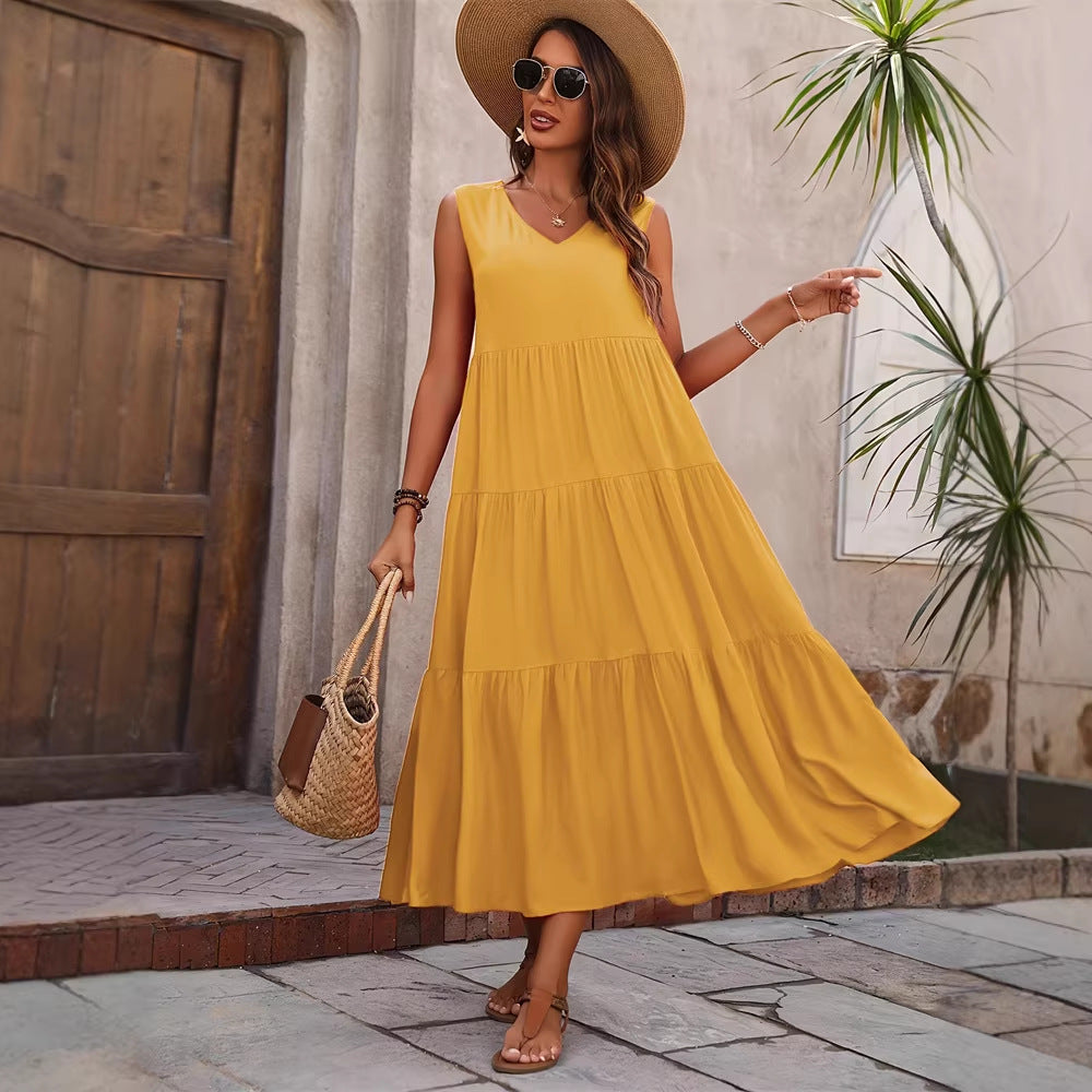 Damen Elegantes Sommer-Maxi-Kleid mit voluminösem Rock und V-Ausschnitt R&B