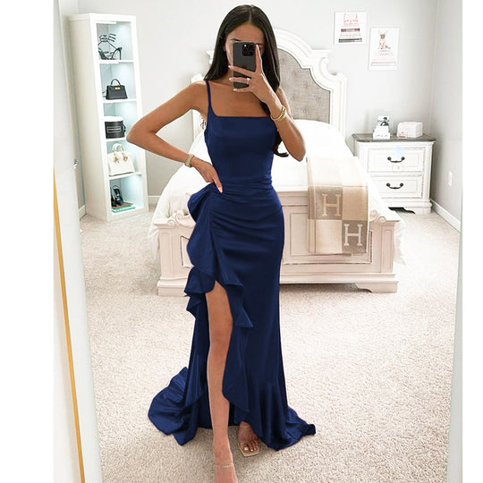 Damen elegantes Maxikleid mit seitlichem Schlitz und fließendem Rüschensaum R&B