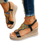 Damen Wedge-Sandalen mit buntem Schmuckdesign und komfortablem Fußbett R&B