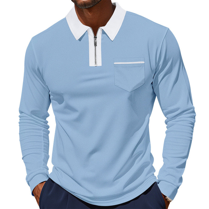 Herren Modisches Langarm-Polohemd mit Reißverschluss und Brusttasche R&B