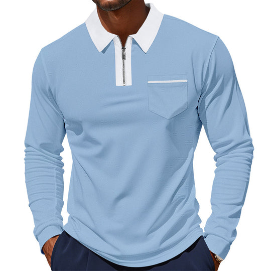 Herren Modisches Langarm-Polohemd mit Reißverschluss und Brusttasche R&B