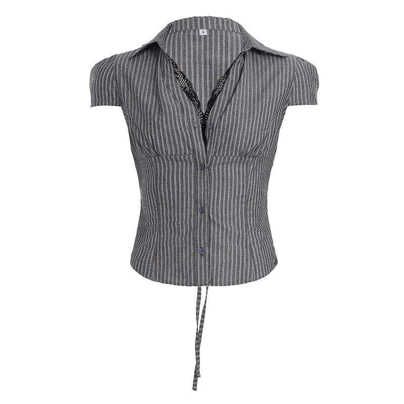 Damen elegantes Blusenshirt mit raffinierten Spitzenakzenten und modischem Streifenmuster R&B