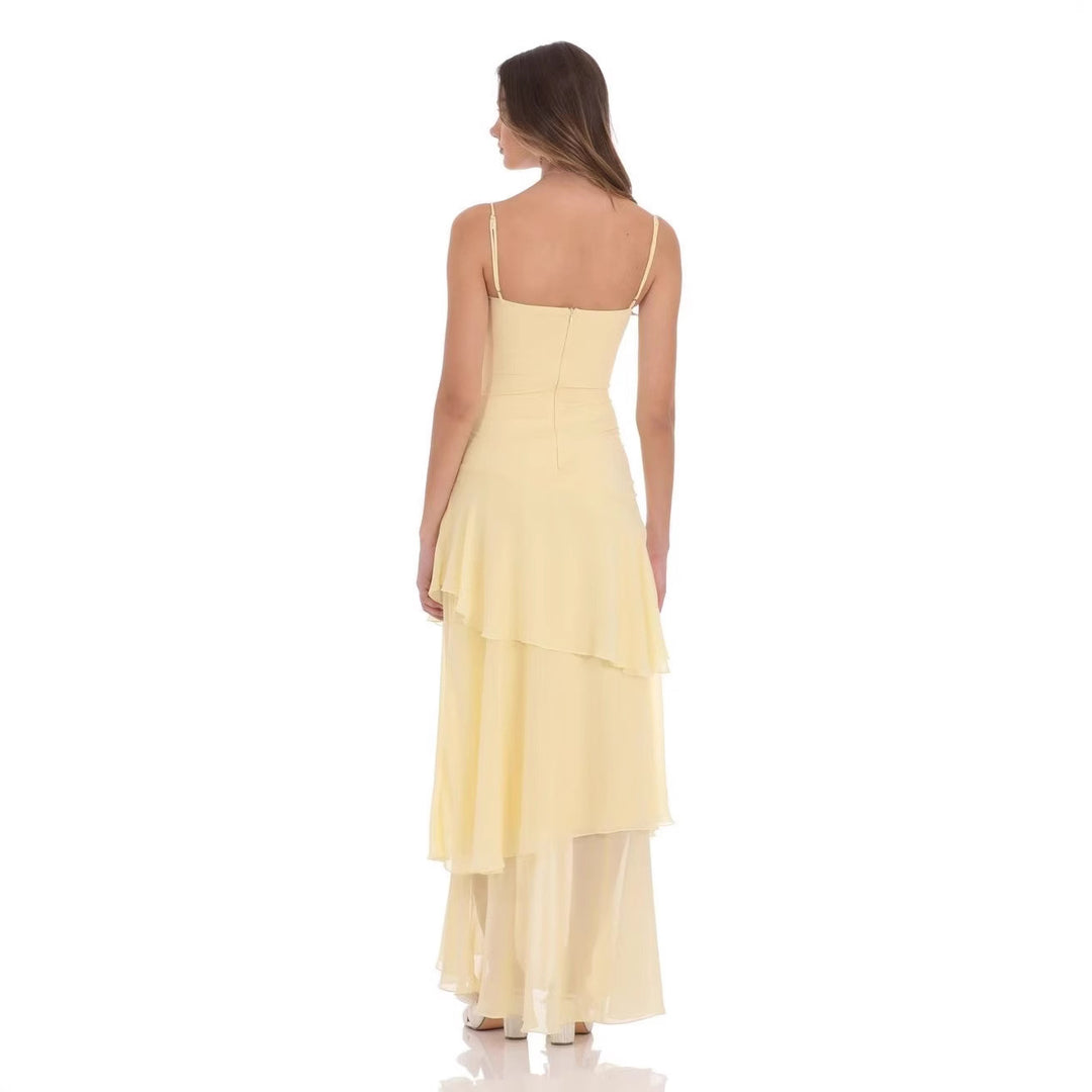 Damen nan romantisches Stufen-Maxikleid mit Herzausschnitt und feinen Spaghettiträgern R&B