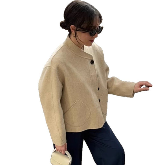 Damen lässige Wolljacke mit Knopfdetails und voluminösen Ärmeln R&B