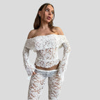 Damen Spitzen-Crop-Top mit weitem Ärmel und passenden Hose R&B