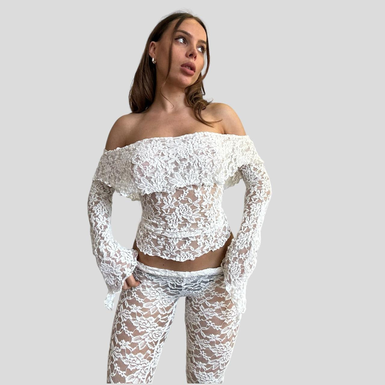 Damen Spitzen-Crop-Top mit weitem Ärmel und passenden Hose R&B