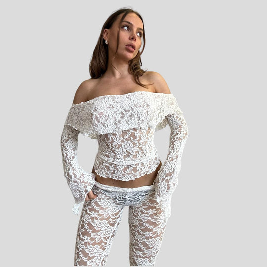 Damen Spitzen-Crop-Top mit weitem Ärmel und passenden Hose R&B