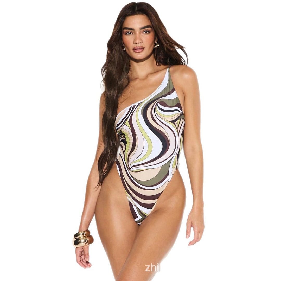 Damen Einseitiger Badeanzug mit künstlerischem Print R&B