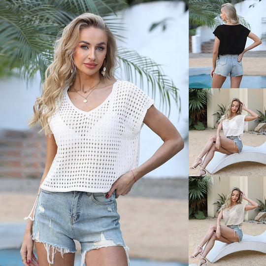 Damen luftige Häkelbluse mit elegantem V-Ausschnitt und Kordelzug R&B