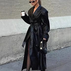 Damen elegante Kunstleder-Trenchcoat mit Gürtel R&B