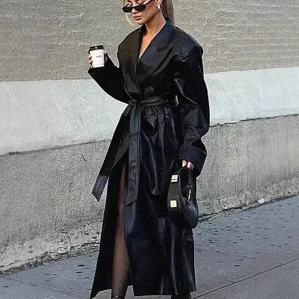 Damen elegante Kunstleder-Trenchcoat mit Gürtel R&B