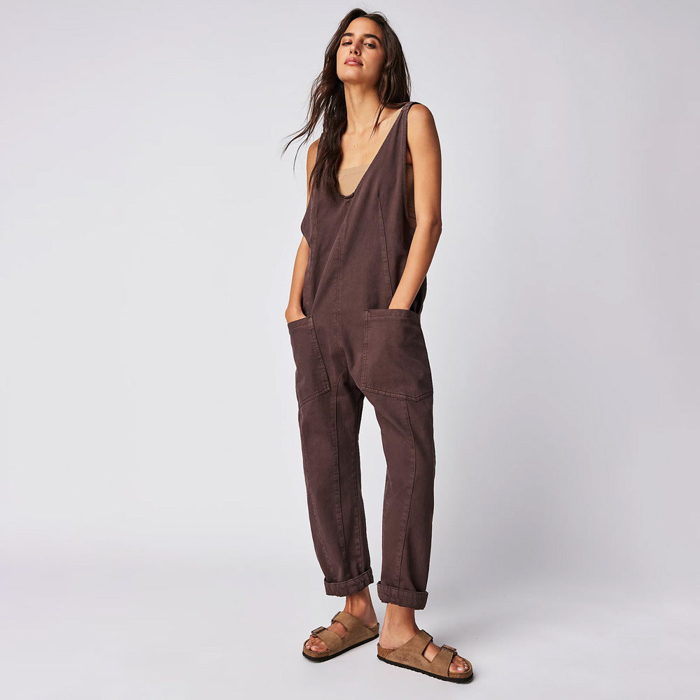 Damen lässiger Jumpsuit mit tiefem Ausschnitt und praktischen Taschen R&B
