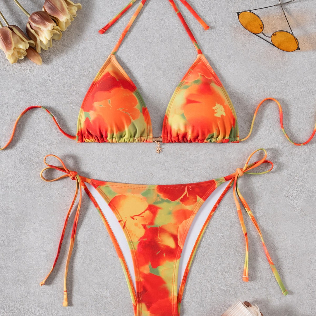 Damen Triangel-Bikini mit floralem Design und verstellbaren Bindebändern R&B