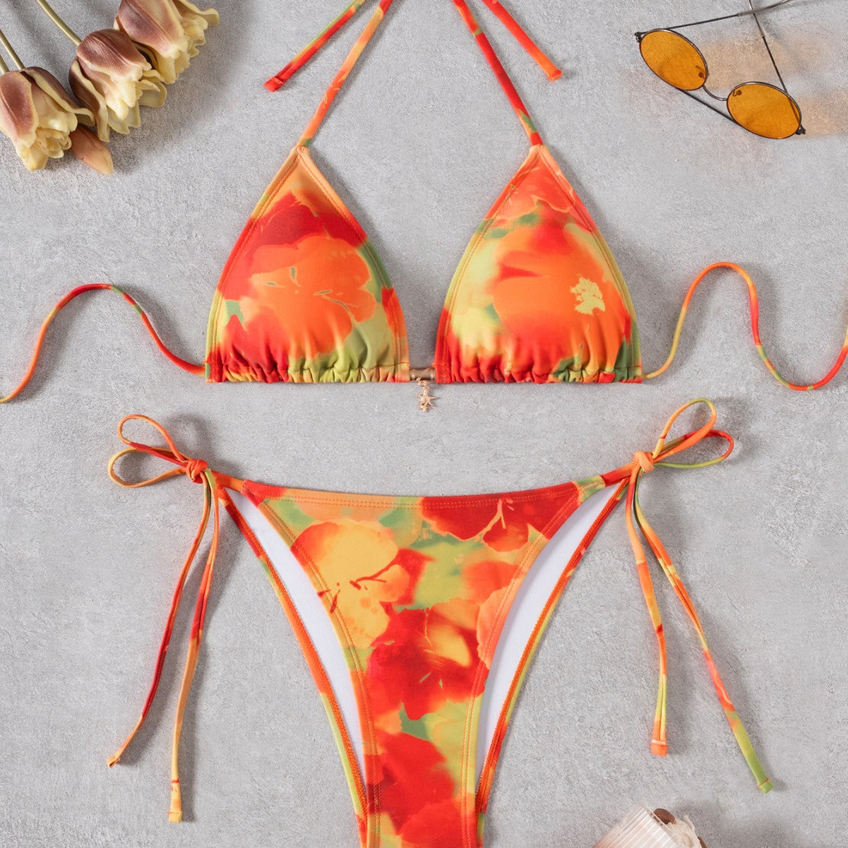 Damen Triangel-Bikini mit floralem Design und verstellbaren BindR&Bändern R&B