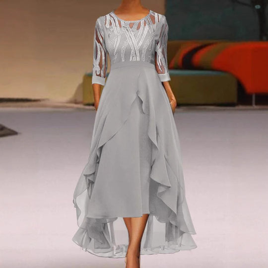 Damen nan edles Chiffon-Abendkleid mit besticktem Tülloberteil, Dreiviertelärmeln und asymmetrischem Stufen-Saum R&B