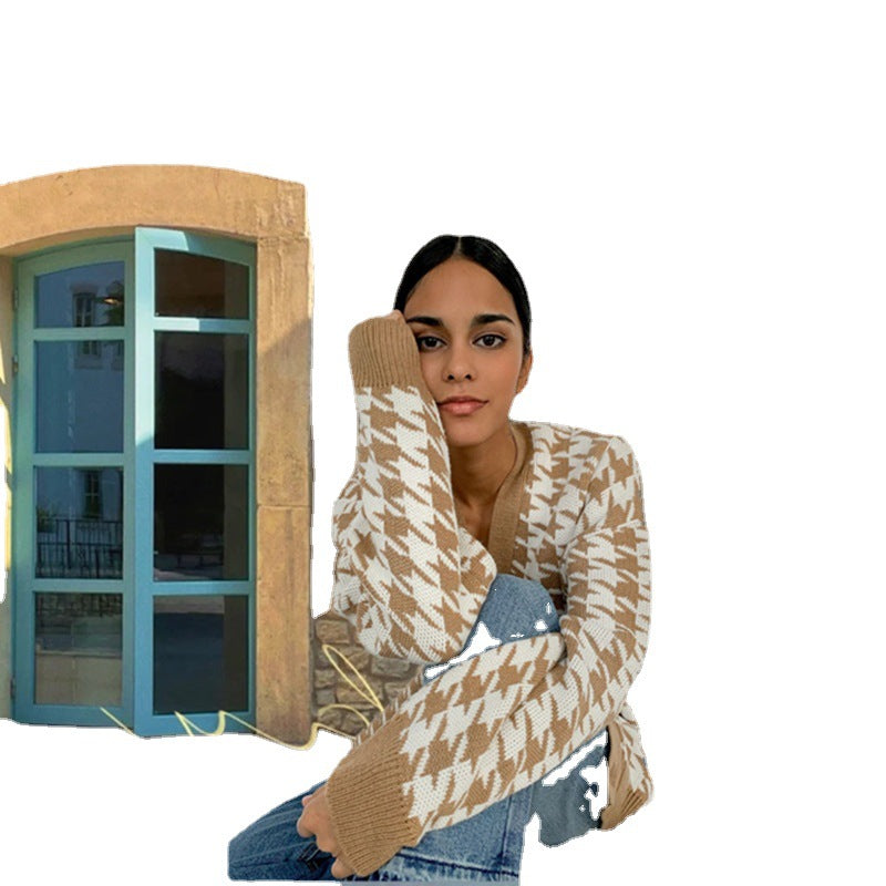 Damen Strickjacke mit großflächigem Hahnentrittmuster und tiefem V-Ausschnitt R&B