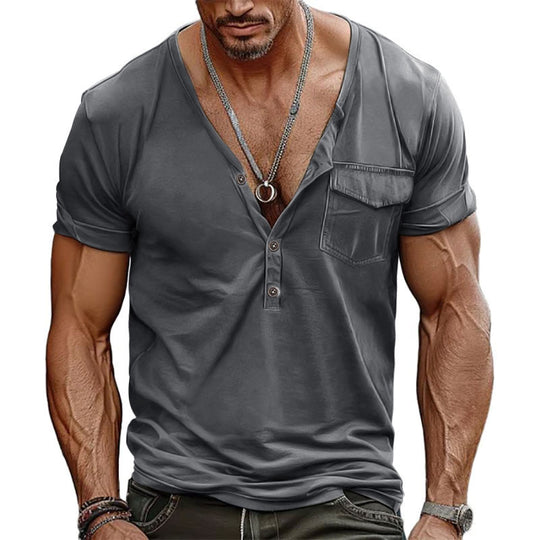 Herren Kurzarm-Henley-T-Shirt mit dekorativer Brusttasche und modernem Schnitt R&B