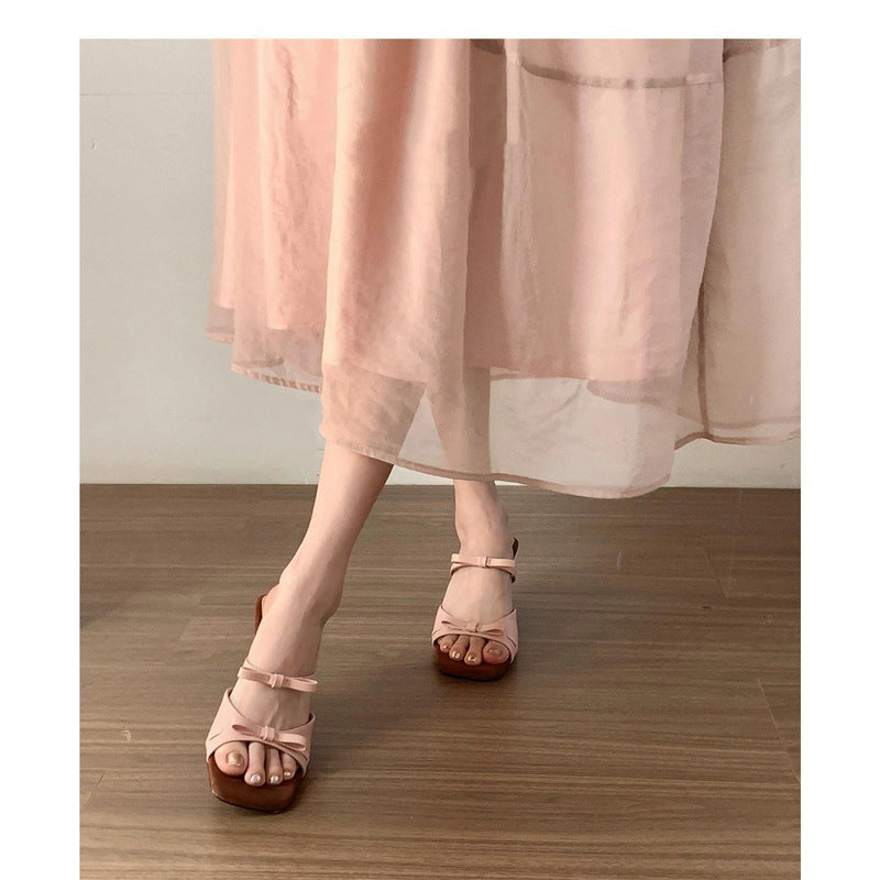 Damen elegante Mules mit dekorativen Schleifen und einzigartigem Absatzdesign R&B