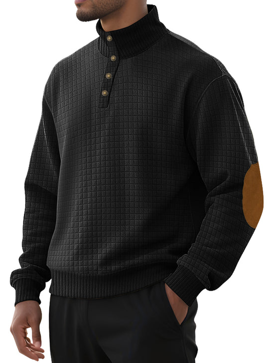 Herren nan kariertes Stepp-Sweatshirt mit Henley-Blende hohem Stehkragen und Velours-Ellenbogenpatch R&B