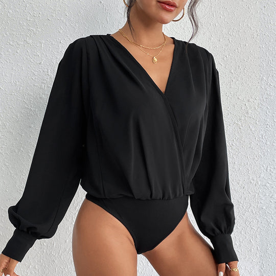 Damen elegante Bluse mit voluminösen Ärmeln und tiefem V-Ausschnitt R&B