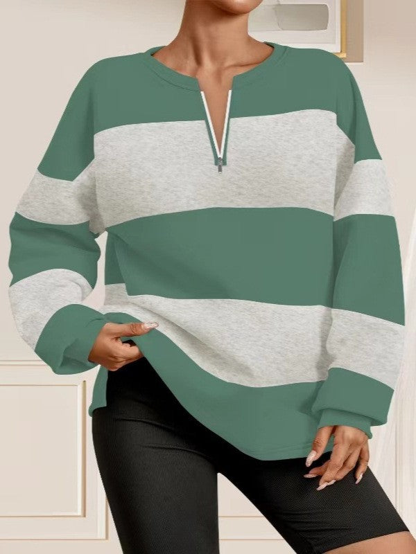 Damen Langarm Sweatshirt mit modernem Reißverschluss und gestreiftem Design R&B